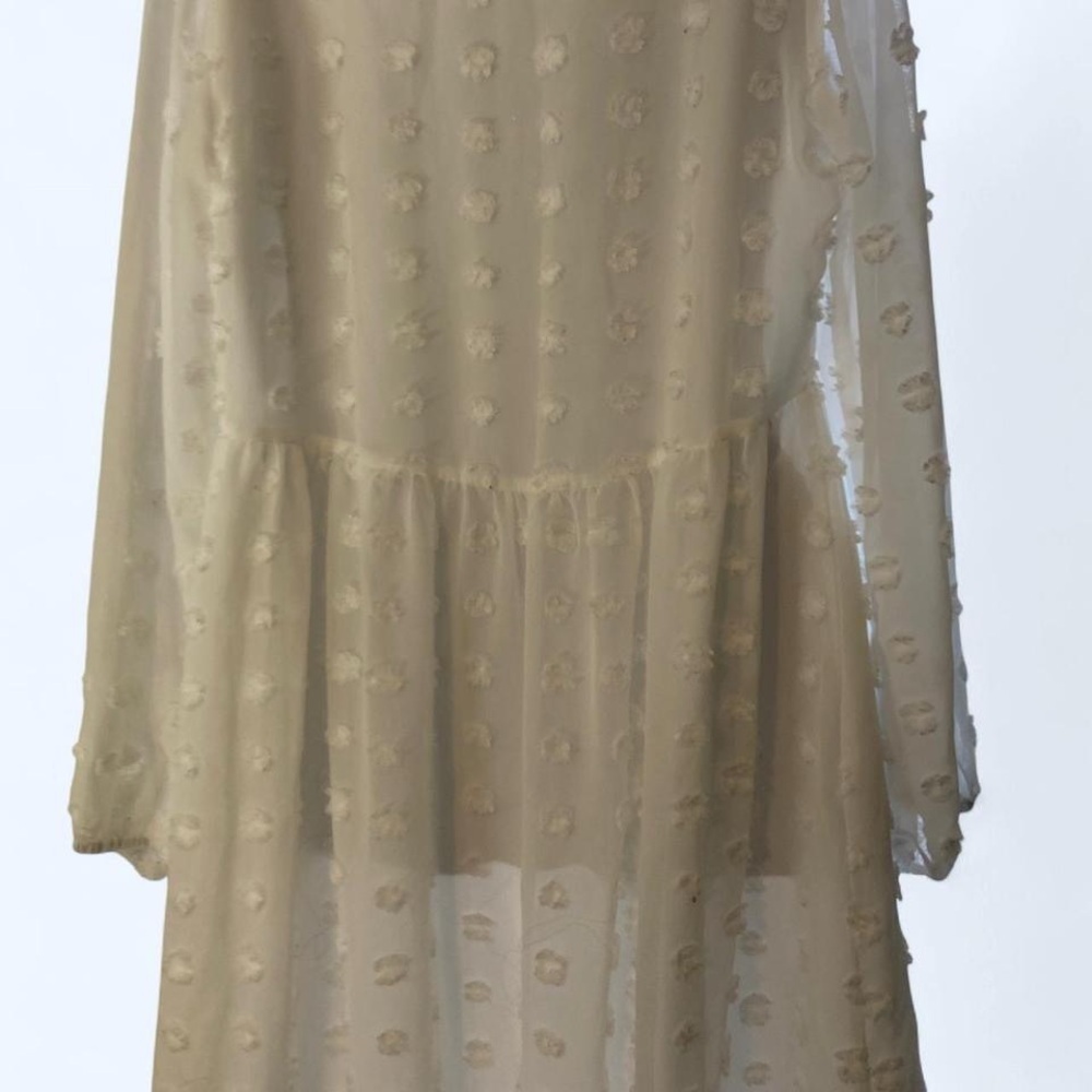 White midi dress w long sheer sleeves & polka dot details Blooming Cady S - Picture 2 of 7